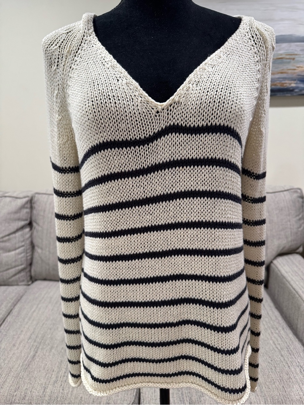 H&M Striped V-Neck Sweater in Cream and Black